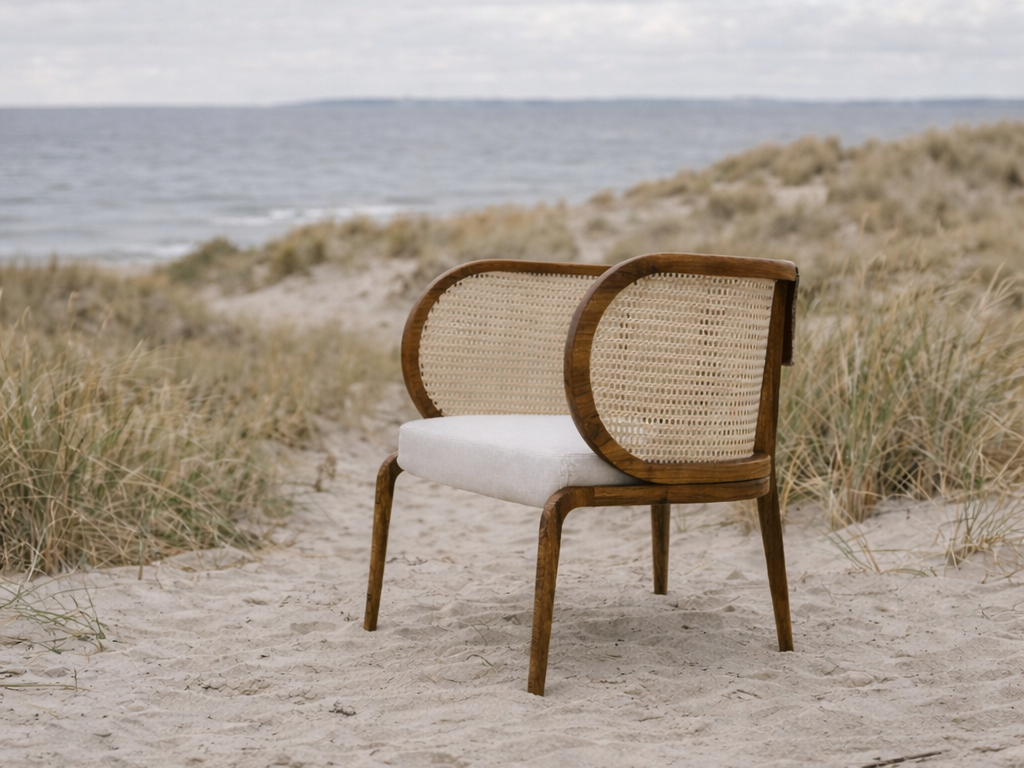robusta armchair placed in an open landscape by the sea, defined by material and surrounding light