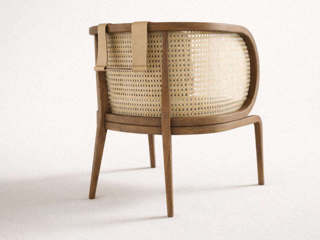 robusta armchair detail showing the back cushion and metal pendulum element