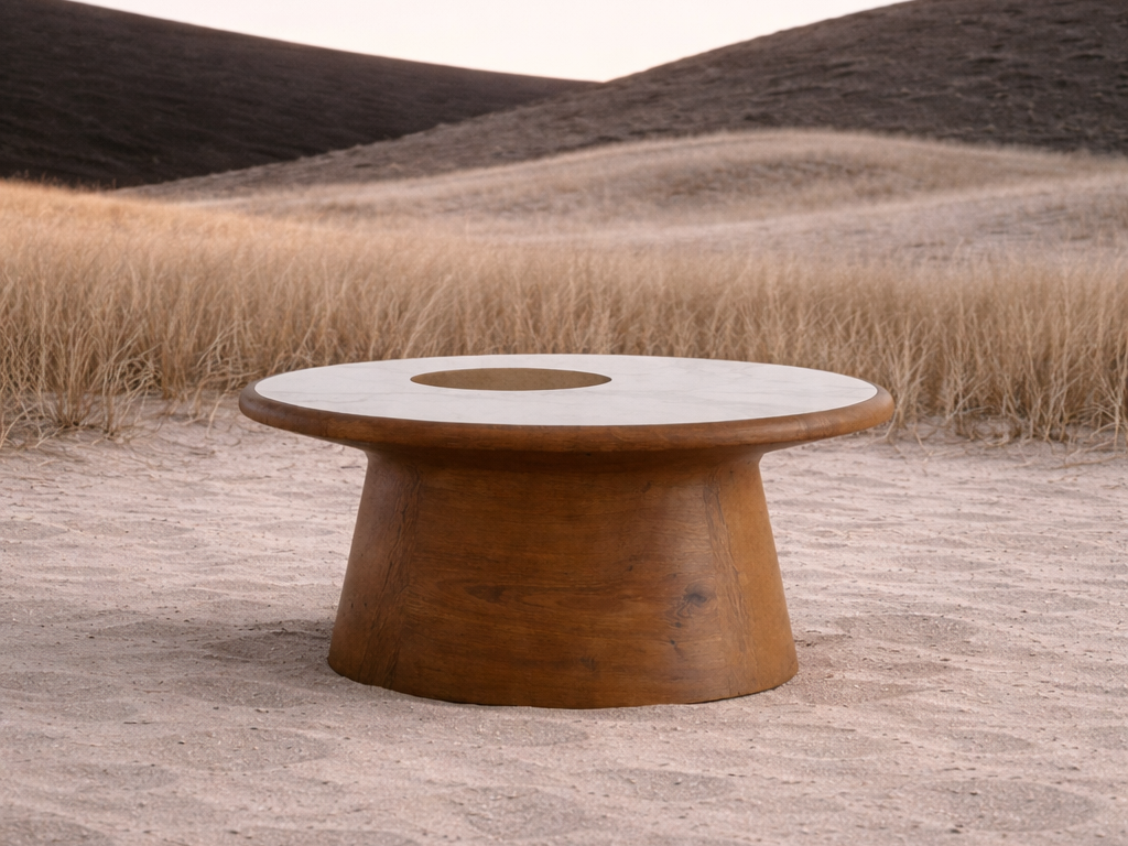 robusta coffee table placed in an open landscape by the sea, defined by material and light