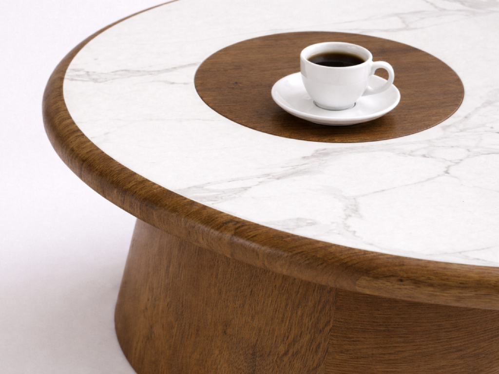 robusta coffee table with a coffee cup, showing use and surface composition