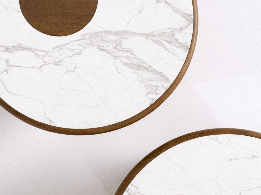 robusta coffee table top view revealing the contrast between wood and carrara marble