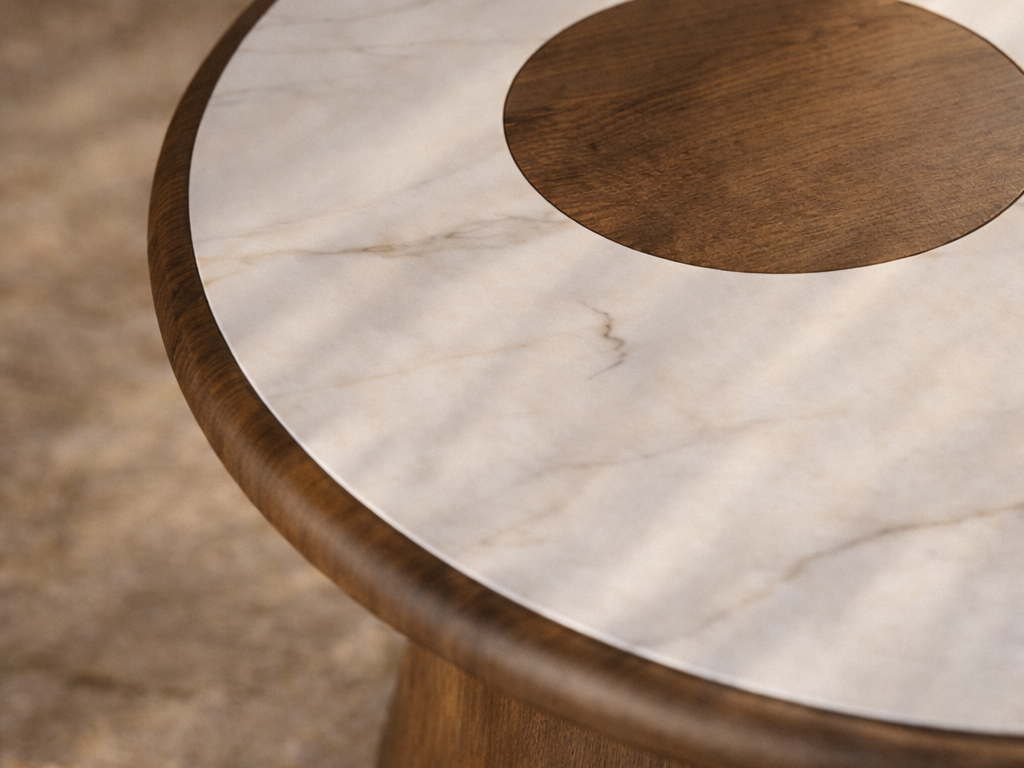 robusta coffee table detail showing carrara marble surface and material contrast