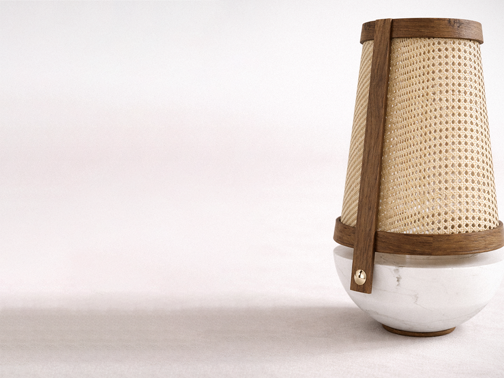 obusta table lamp detail showing woven rattan structure