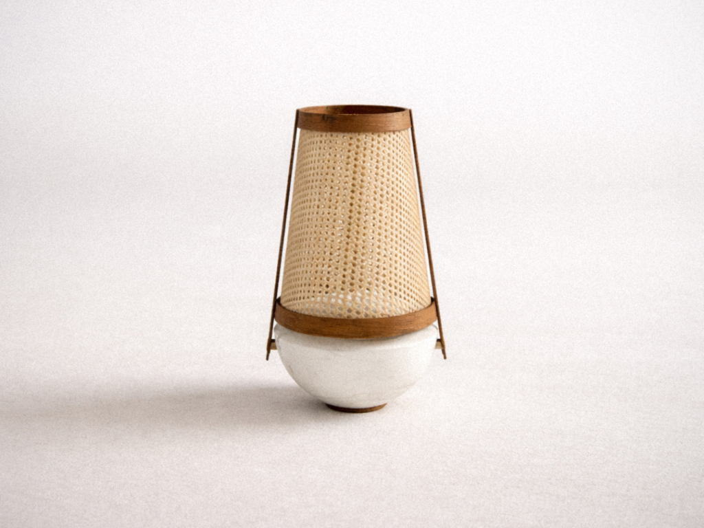 robusta table lamp front view showing stone base and rattan shade